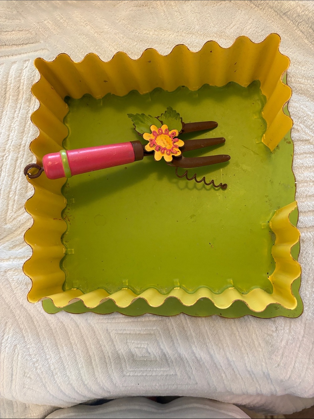 Bright Yellow-Green Decorative Metal Napkin Holder with Pink Flower Hand Fork